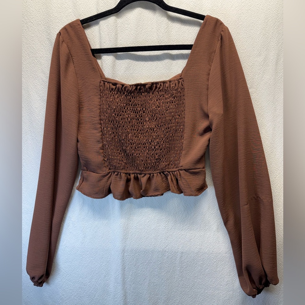Whimsy Goth Brown altar’d state Long Sleeve Cropped Top Poet Sleeves Ruched Back - Picture 4 of 5